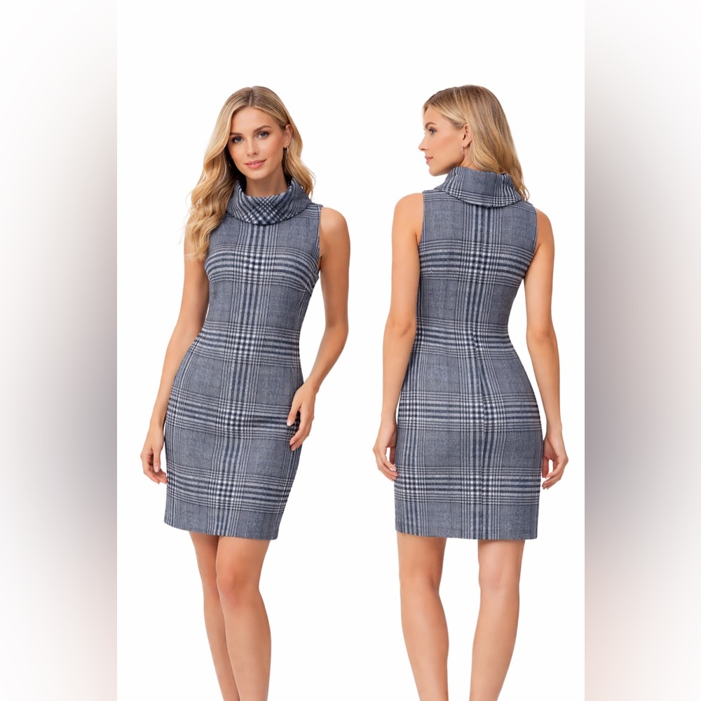 Sleeveless Plaid Cowl-Neck Midi Dress - blue